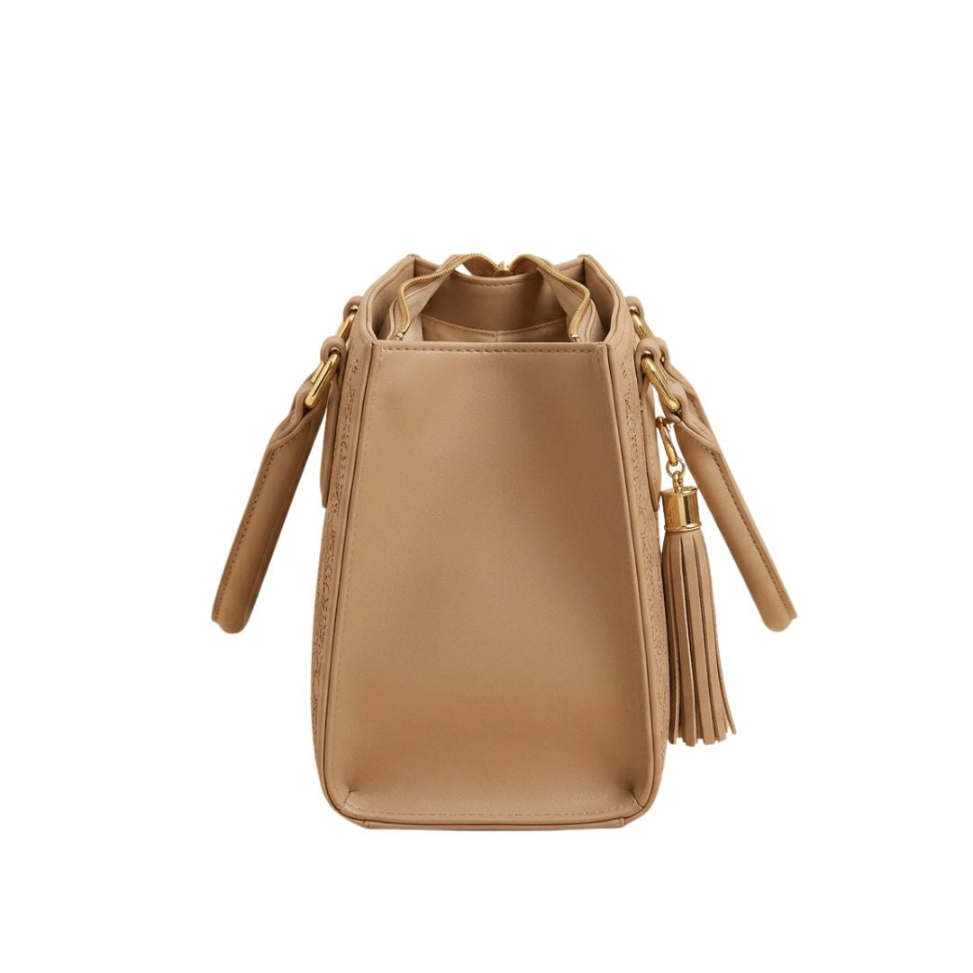 Tropx Beige Embossed Tote Handbag